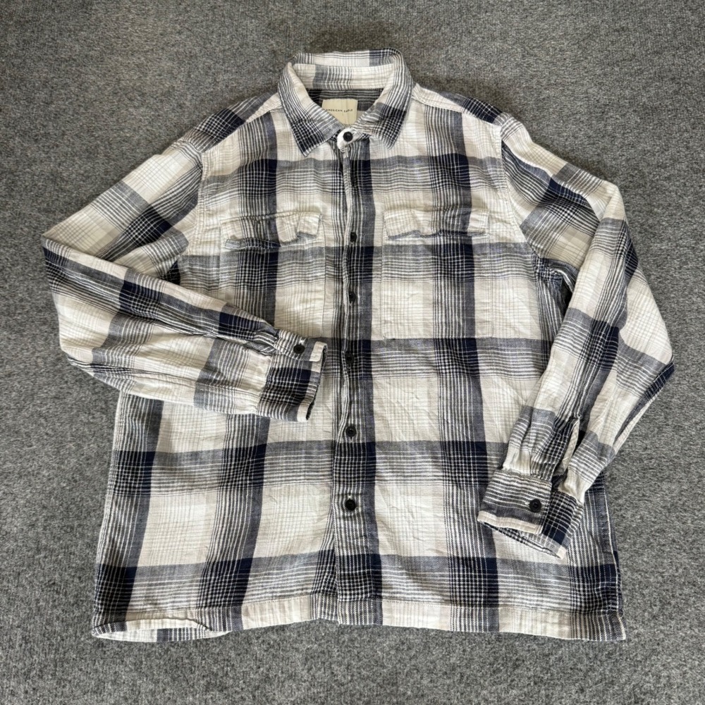American Eagle Mens Large Navy Plaid Flannel Shirt Long Sleeve Button Up Cotton
